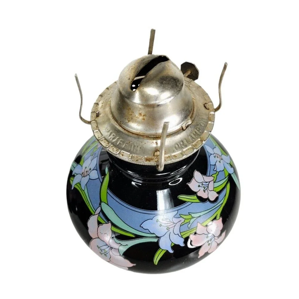 Kaadan LTD 80s Vintage Hand-Painted Black Glass Bamboo Floral Design Oil Lamps